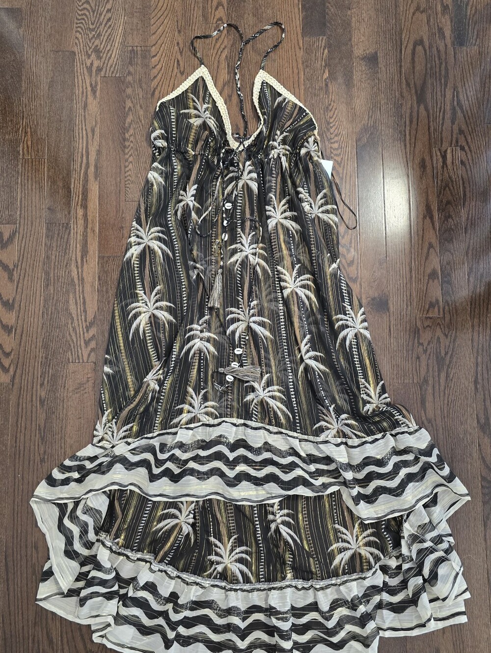 Goa Beachwear Swim Tropical Palm Print Strappy Maxi Dress in Black Hi Low Size L